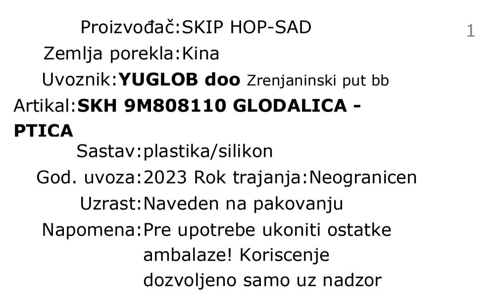 Skip Hop glodalica - ptica 9M808110 deklaracija